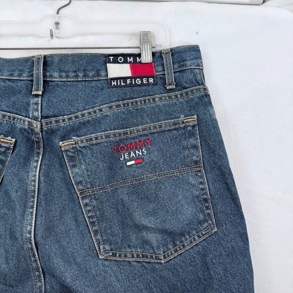 Vintage Tommy Hilfiger Jeans Men 36x30 Blue Flag Patch Embroiderd Logo Baggy Y2K - Picture 1 of 12